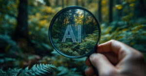 a magnifying glass with the letters ai in focus, revealing a lush forest scene.
