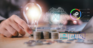 ai powered investment strategy and financial planning, light bulb symbolizing innovation, coins representing wealth growth, digital technology guiding smart money management for future success.