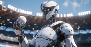 humanoid robot hold ball on stadium artificial intelligence and future technology
