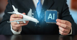 implementation of ai in aviation and flight management. airplane and ai microchip. modern aviation technology integrates artificial intelligence to optimize flight routes, enhance safety