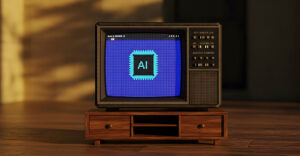 retro vintage television with ai logo on blue screen in warm lig