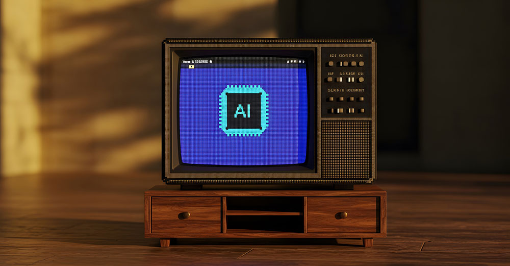 retro vintage television with ai logo on blue screen in warm lig