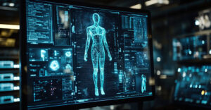 digital human anatomy displayed on a monitor in a futuristic medical lab